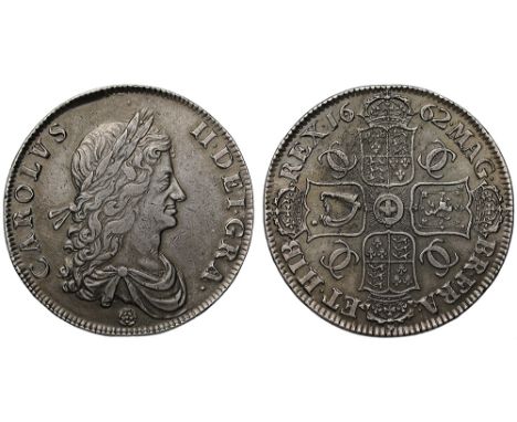 Charles II (1660-85), silver Crown, 1662, first laureate and draped bust right, both ties emanate from an upper curl, rose be