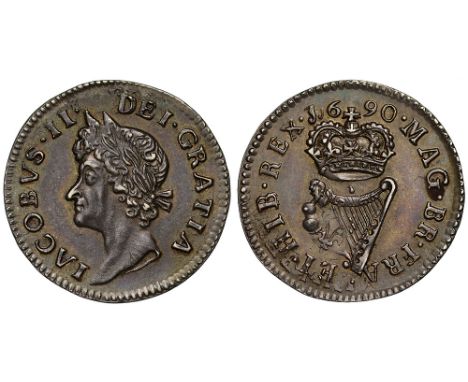 Ireland, James II (1685-91), silver Proof striking of pewter money, Halfpenny, 1690, entirely struck over France Louis XIV on