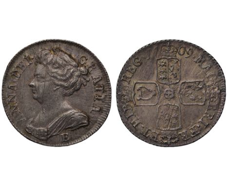 Anne (1702-14), silver Post-Union Shilling, 1709, Edinburgh Mint, struck from local dies both sides, E below fifth “Edinburgh