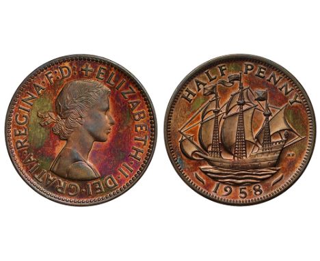Elizabeth II (1952-), bronze VIP Proof Halfpenny, 1958, young head right, rev. ship based on Golden Hind sailing left, date b