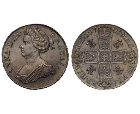 Anne (1702-14), silver Pre-Union Crown, 1705, plumes reverse, first draped bust left, Latin legend and toothed border surroun