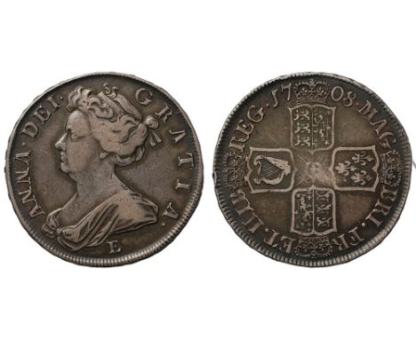 Anne (1702-14), silver Post-Union Halfcrown, 1708, Edinburgh Mint, E below first draped bust left, Latin legend and toothed b