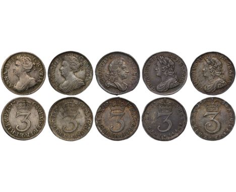 Anne (1702-14), silver Threepences (2), 1704, second draped bust left, with Pre-Union reverse legend BR, crowned 3 reverse, 1