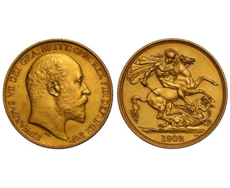 Edward VII (1901-1910), Matt Proof gold Two Pounds, 1902, Coronation year, bare head right, De S. below truncation for engrav