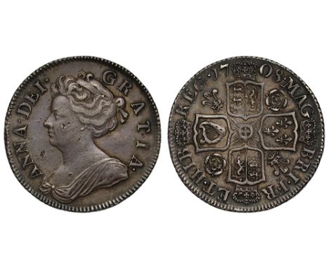 Anne (1702-14), silver Post-Union Shilling, 1708, roses and plumes reverse, second draped bust left, Latin legend and toothed