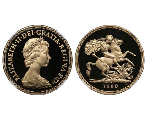 Elizabeth II (1952-), gold Proof Five-Pounds, 1980, crowned head right by designer Arnold Machin, Latin legend and toothed bo