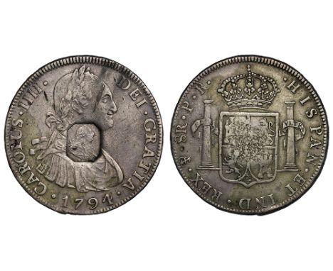 George III (1760-1820), octagonal countermark upon Spanish Eight Reales of King Charles IIII (1788-1808), 1794 PR, struck in 