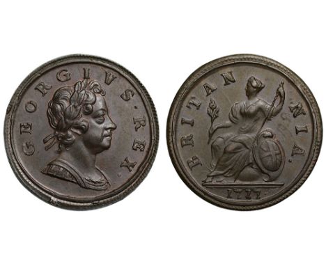 George I (1714-27), copper Halfpenny, 1717, “dump issue” engraved by John Croker, laureate and cuirassed bust right, Latin le