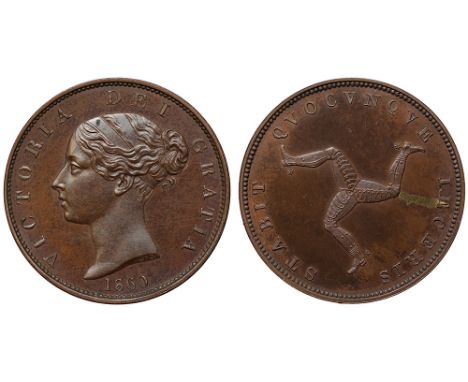 Isle of Man, Victoria (1837-1901), copper Pattern Halfpenny, 1860, gold streak in metal mix showing on reverse, young head le