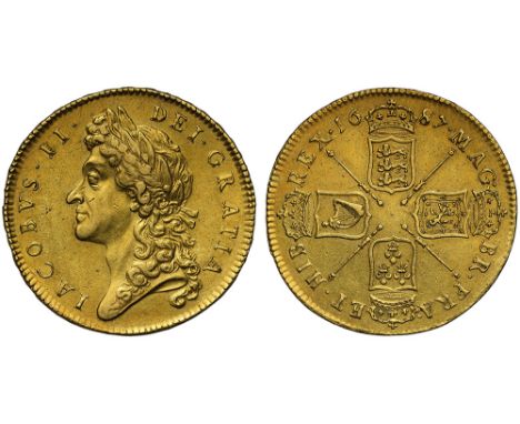 James II (1685-88), gold Five Guineas, 1687, first laureate bust left, legend and toothed border surrounding, IACOBVS. II. DE