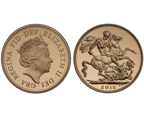 Elizabeth II (1952-), gold Proof Sovereign, 2015, fifth crowned head right, initials J.C below for designer Jody Clark, legen