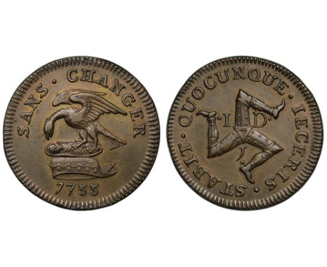 James Stanley, 10th Earl of Derby (1702-36), bronze Penny, 1733, Stanley family crest of eagle over child in wicker basket, a