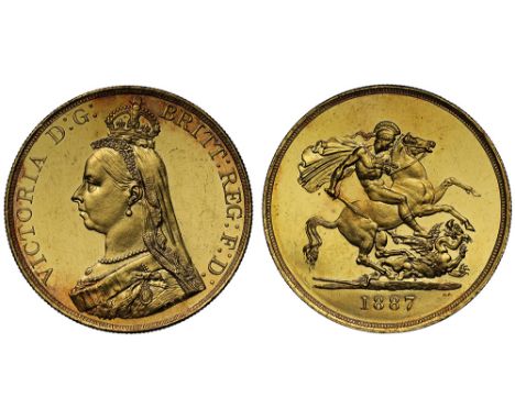 Victoria (1837-1901), gold Five Pounds, 1887, Jubilee type crowned bust left, J.E.B. initials on truncation, VICTORIA D: G: B