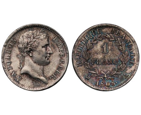 France, First Empire, Napoléon I (1804-1814), silver 1-Franc, 1808 A, Paris mint, laureate head right, engraver’s signature b