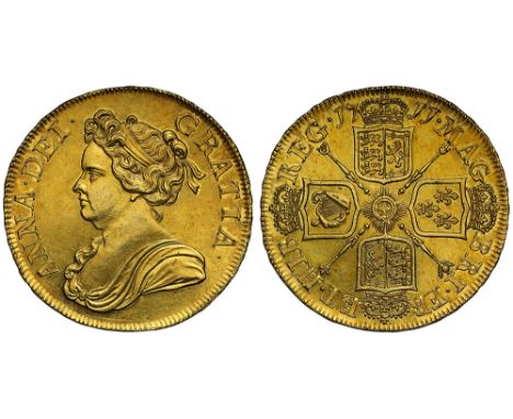 Anne (1702-14), gold Five Guineas, 1711, second draped bust left, legend and toothed border surrounding, ANNA. DEI. GRATIA., 