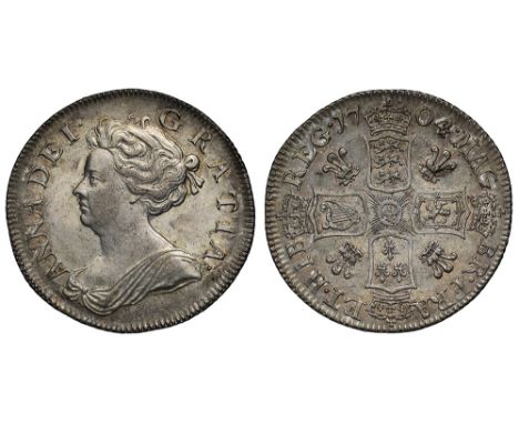 Anne (1702-14), silver Pre-Union Shilling, 1704, plumes reverse, second draped bust left, Latin legend and toothed border sur