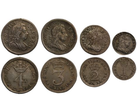 George I (1714-27), silver Maundy Set, 1727, Fourpence, Threepence, Twopence, Penny with no stop after GRA, laureate and drap