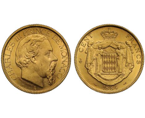 Monaco, Charles III (1856-89), gold 100-Francs, 1884-A, Paris mint, bare head right, rev. Arms of Monaco, edge inscribed, 32.