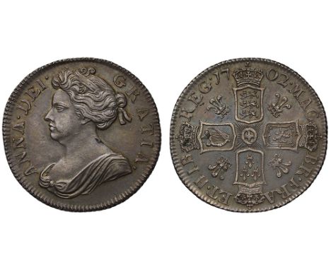 Anne (1702-14), silver Pre-Union Shilling, 1702, plumes reverse, first draped bust left, Latin legend and toothed border surr