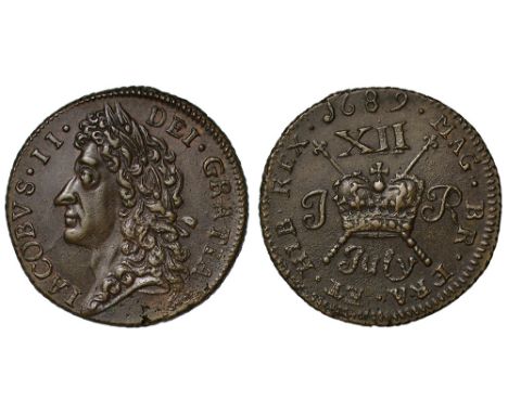 Ireland, James II (1685-91), Gunmoney base metal Shilling, large size, July 1689, laureate head left, rev. crown over crossed