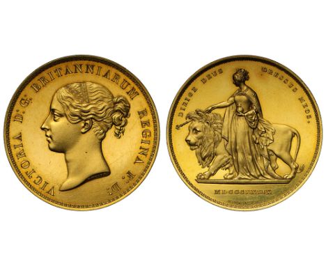 Victoria (1837-1901), gold Proof Five Pounds, 1839, young filleted head left, front fillet with six full scrolls cresting to 