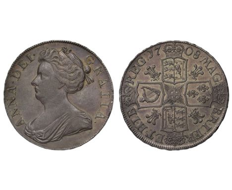 Anne (1702-14), silver Post-Union Crown, 1708, plumes reverse, second draped bust left, Latin legend and toothed border surro