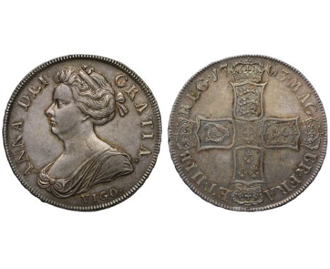 Anne (1702-14), silver Pre-Union Crown, 1703, VIGO. below first draped bust left, Latin legend and toothed border surrounding