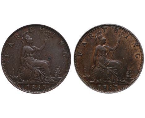 Victoria (1837-1901), bronze Farthings (2), 1863, second 1863 similar, a sub-variety with raised dot on ground below lighthou