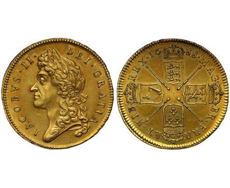 James II (1685-88), gold Five Guineas, 1688, first laureate bust left, legend and toothed border surrounding, IACOBVS. II. DE