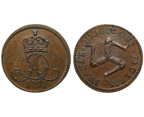 Isle of Man, James Murray, 2nd Duke of Athol (1736-65), copper Halfpenny, 1758, crowned DA cypher over date, toothed outer bo