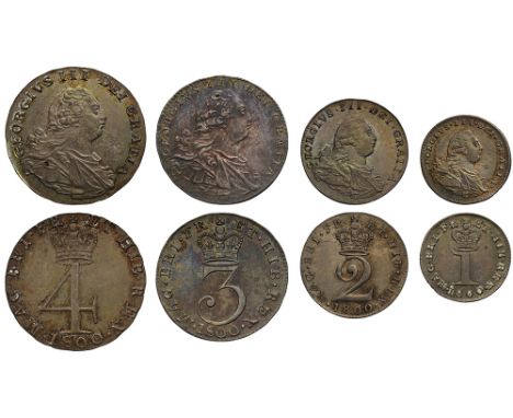 George III (1760-1820), silver Maundy Set, 1800, Fourpence, Threepence, Twopence, Penny, long haired laureate and cuirassed b