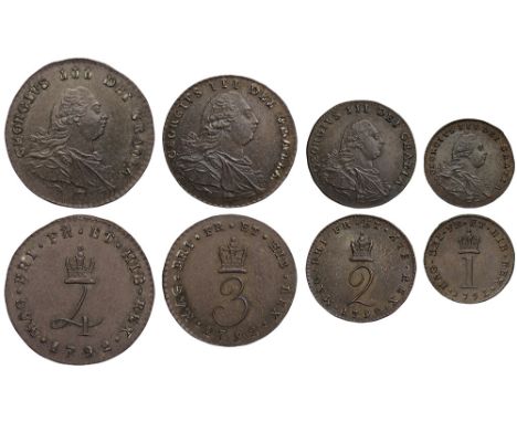 George III (1760-1820), silver Maundy Set, 1792, wire money type, Fourpence, Threepence, Twopence, Penny, long haired laureat