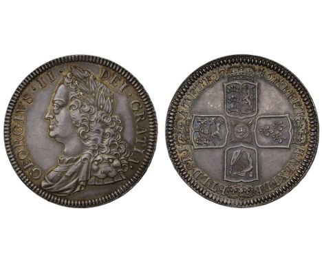 George II (1727-60), silver Proof Crown, 1746, older laureate and draped bust left, Latin legend and toothed border surroundi