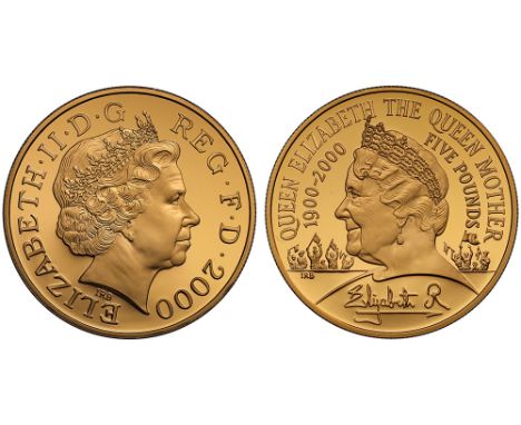 Elizabeth II (1952-), gold Proof Five Pounds, 2000, Queen Elizabeth the Queen Mother 100th Birthday Commemorative, fourth cro