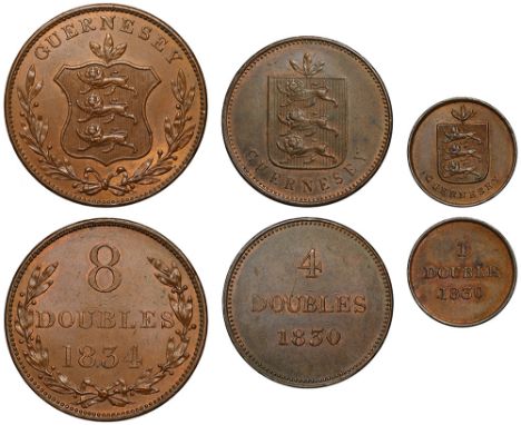 William IV (1830-37), copper Eight Doubles, 1834, arms of Guernsey, laurel branches surrounding, GUERNSEY above, beaded borde