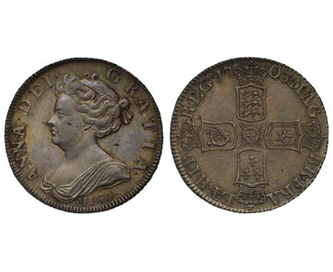 Anne (1702-14), silver Pre-Union Shilling, 1703, VIGO. below second draped bust left, Latin legend and toothed border surroun