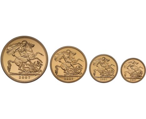 Elizabeth II (1952-), gold four coin Proof Set, 2007, Five Pounds, Two Pounds, Sovereign, Half-Sovereign, crowned head right,