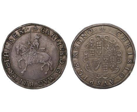 Charles I (1625-49), silver Crown, Tower Mint, type 3a, armoured King on horseback left with long upright sword and flowing s