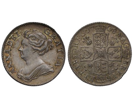 Anne (1702-14), silver Post-Union Shilling, 1708, plumes reverse, third draped bust left, Latin legend and toothed border sur