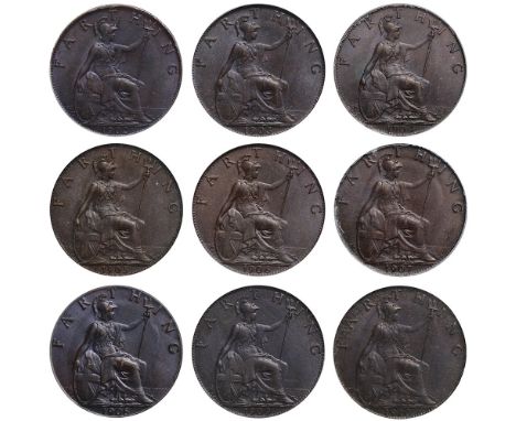 Edward VII (1901-10), bronze Farthings (9), 1902, 1903, 1904, 1905, 1906, 1907, 1908, 1909, 1910, bare head right, rev. Brita