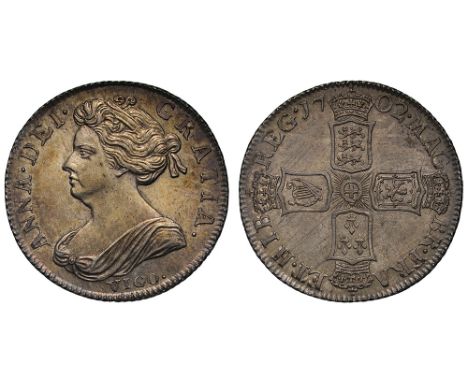 Anne (1702-14), silver Pre-Union Shilling, 1702, VIGO. below first draped bust left, Latin legend and toothed border surround