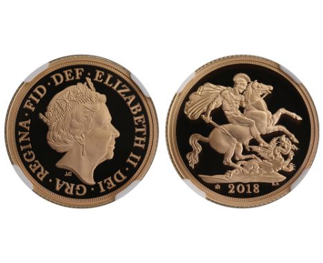 Elizabeth II (1952-), gold Proof Sovereign, 2018, crowned head right, JC initials below for designer Jody Clark, Latin legend