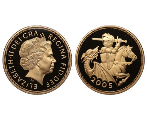 Elizabeth II (1952-), gold Proof Five-Pounds, 2005, crowned head right, IRB initials below for designer Ian Rank-Broadley, La