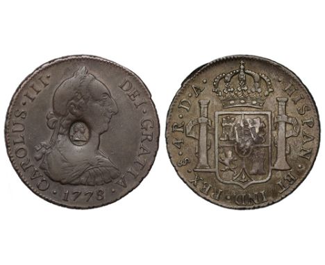 George III (1760-1820), oval countermark upon Spanish Four Reales of King Charles III (1759-88), 1778 DA, struck in Santiago,