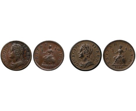 George II (1727-60), copper Farthings (2), 1744, 1754, older laureate and cuirassed bust left, Latin legend and toothed borde