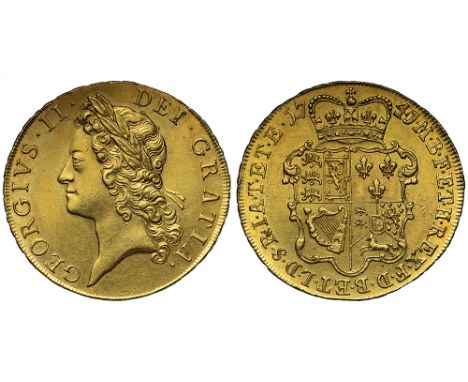 George II (1727-60), gold Five Guineas, 1741, the 4 of date struck over a 3, first young laureate bust left, legend and tooth