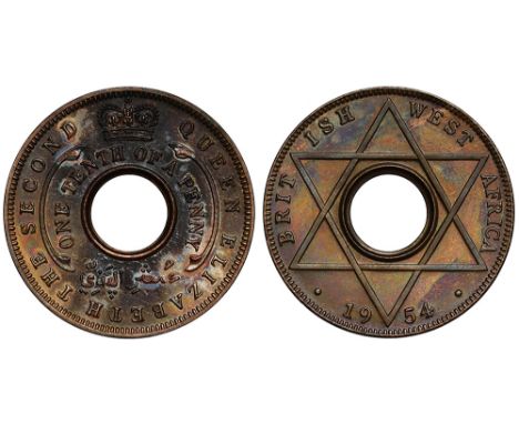British West Africa, Elizabeth II (1952 – present), bronze Proof 1/10-Penny, 1954, Royal Mint (KM 32). Dappled patina, uncirc