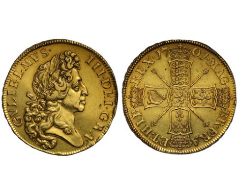 William III (1694-1702), gold Five Guineas, 1701, second "fine work" style laureate bust right, larger legend and toothed bor