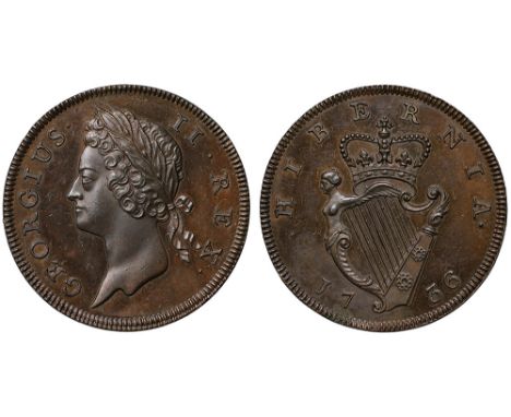 Ireland George II (1727-60), copper Proof Halfpenny, 1736, young laureate head left, legend and toothed border surrounding, r