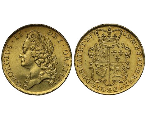 George II (1727-60), gold Two Guineas, 1739, intermediate laureate head left, Latin legend and toothed border surrounding, GE